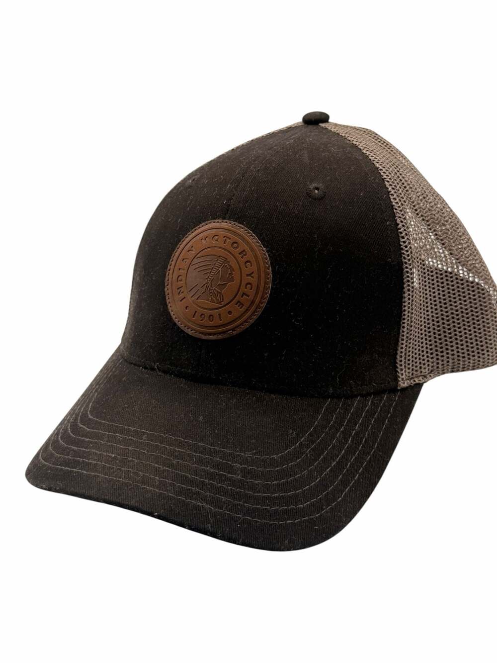 Indian Motorcycle 1901 Leather Patch Trucker Snapback Hat Black Brown
